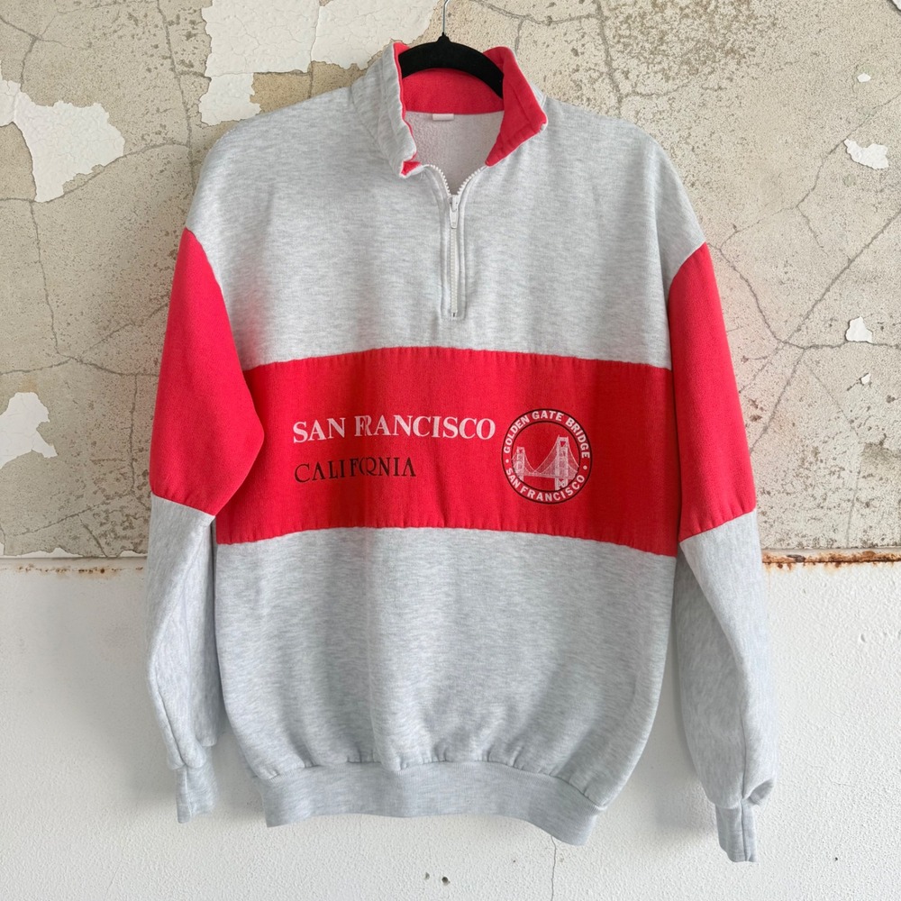 Vtg 90s Quarter Zip Sweatshirt San Francisco California Colorblock Made in USA L